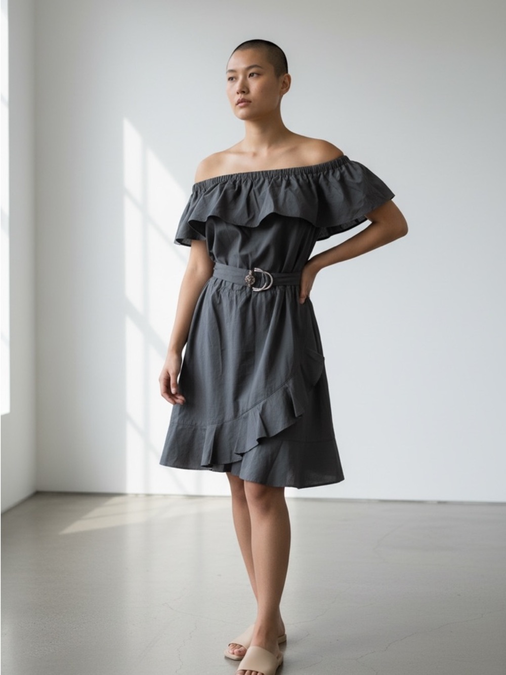 Morgan de Toi Off-Shoulder Charcoal Dress sz 38